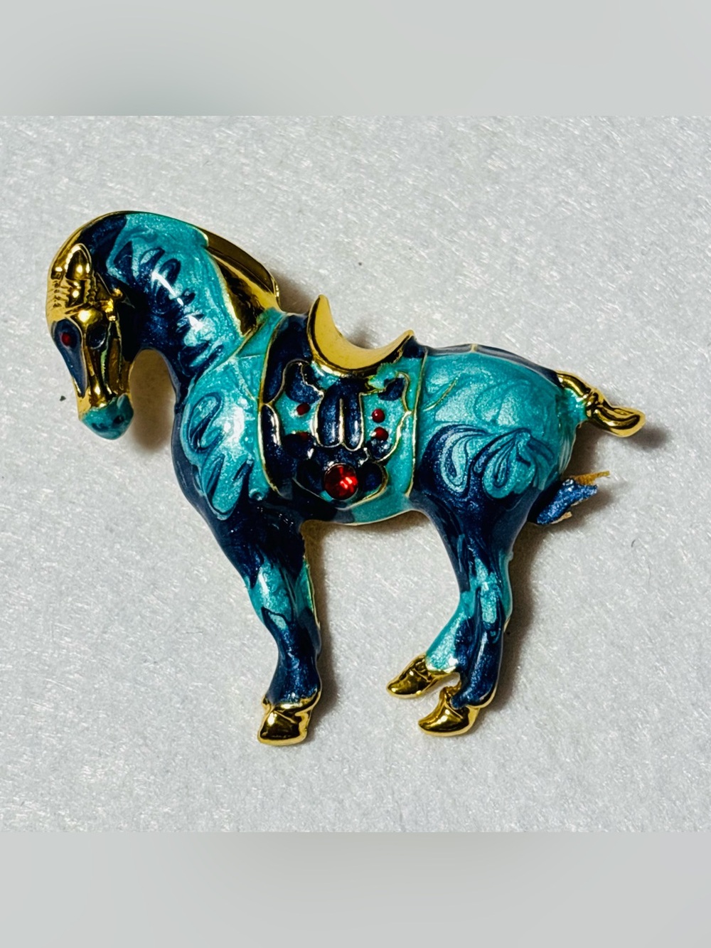 Turquoise Blue Enamel Horse Brooch with Gold Tone Accents